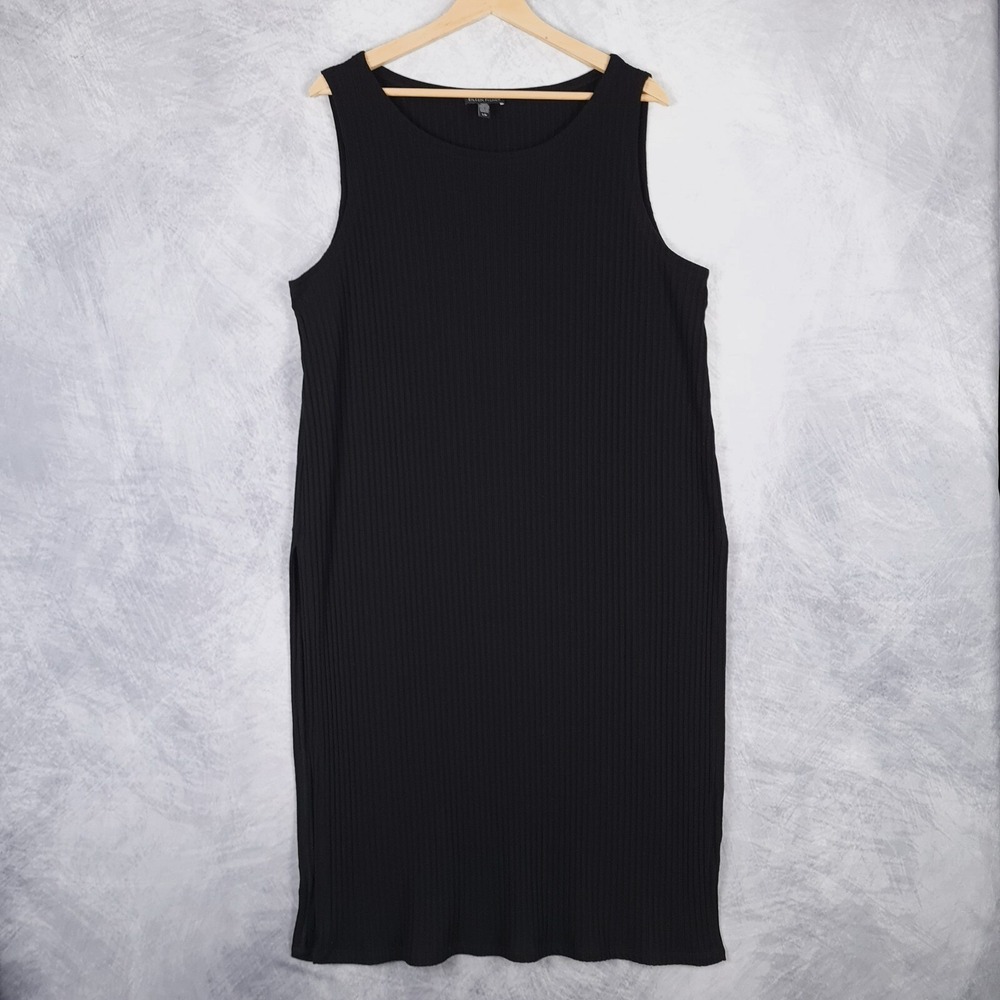Eileen Fisher Dress Womens Large Black Ribbed Sleeveless Minimalist Side Slit